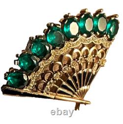 Crown Trifari Alfred Philippe Emerald Hand Fan Pat. Pending Missing crystal