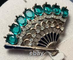 Crown Trifari Alfred Philippe Emerald Hand Fan Pat. Pending Missing crystal