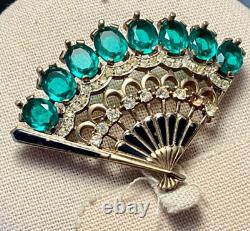 Crown Trifari Alfred Philippe Emerald Hand Fan Pat. Pending Missing crystal