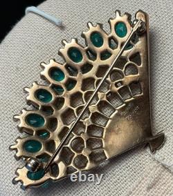Crown Trifari Alfred Philippe Emerald Hand Fan Pat. Pending Missing crystal