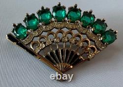 Crown Trifari Alfred Philippe Emerald Hand Fan Pat. Pending Missing crystal