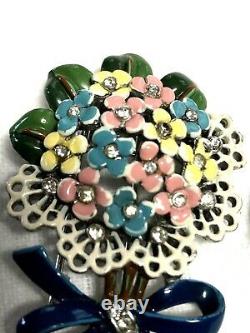 Crown Trifari Alfred Philippe Enameled Flower Bouquet Figural Fur Pin Brooch