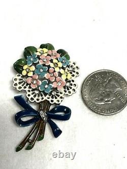 Crown Trifari Alfred Philippe Enameled Flower Bouquet Figural Fur Pin Brooch