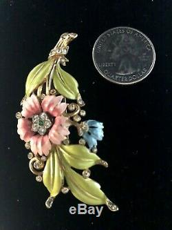 Crown Trifari Alfred Philippe Enameled Flower & Leaf Rhinestone Fur Pin Brooch