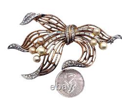 Crown Trifari Alfred Philippe Figural Ribbon Brooch Rhinestones & Faux Pearls