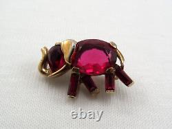 Crown Trifari Alfred Philippe Gold & Ruby Red Miniature Elephant Pin Brooch