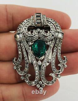 Crown Trifari Alfred Philippe Green Emerald & Rhinestone Rhodium Fur Clip Pin
