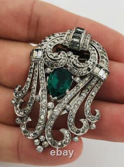 Crown Trifari Alfred Philippe Green Emerald & Rhinestone Rhodium Fur Clip Pin