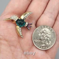 Crown Trifari Alfred Philippe Green Jelly Glass Crystal Pave Hummingbird Pin