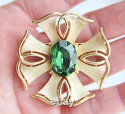 Crown Trifari Alfred Philippe Maltese Cross Green Faceted Rhinestone Brooch Pin