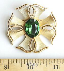 Crown Trifari Alfred Philippe Maltese Cross Green Faceted Rhinestone Brooch Pin