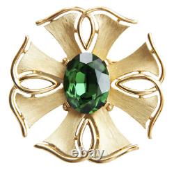 Crown Trifari Alfred Philippe Maltese Cross Green Faceted Rhinestone Brooch Pin