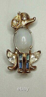 Crown Trifari Alfred Philippe Moonstone Jelly Belly withRhinestones Dog Brooch