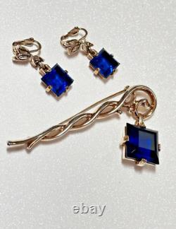 Crown Trifari Alfred Philippe Pat Pending Faux Sapphire Dangle Brooch & Earrings Crown Trifari Alfred Philippe Pat Pending Faux Sapphire Dangle Brooch & Earrings