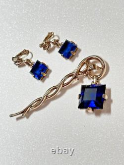 Crown Trifari Alfred Philippe Pat Pending Faux Sapphire Dangle Brooch & Earrings Crown Trifari Alfred Philippe Pat Pending Faux Sapphire Dangle Brooch & Earrings