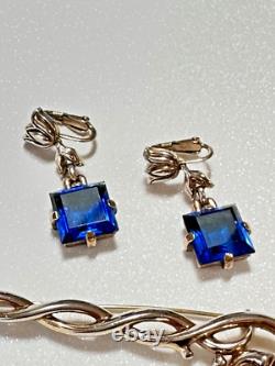 Crown Trifari Alfred Philippe Pat Pending Faux Sapphire Dangle Brooch & Earrings Crown Trifari Alfred Philippe Pat Pending Faux Sapphire Dangle Brooch & Earrings