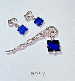 Crown Trifari Alfred Philippe Pat Pending Faux Sapphire Dangle Brooch & Earrings Crown Trifari Alfred Philippe Pat Pending Faux Sapphire Dangle Brooch & Earrings