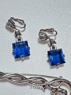 Crown Trifari Alfred Philippe Pat Pending Faux Sapphire Dangle Brooch & Earrings Crown Trifari Alfred Philippe Pat Pending Faux Sapphire Dangle Brooch & Earrings