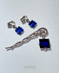 Crown Trifari Alfred Philippe Pat Pending Faux Sapphire Dangle Brooch & Earrings Crown Trifari Alfred Philippe Pat Pending Faux Sapphire Dangle Brooch & Earrings