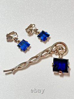 Crown Trifari Alfred Philippe Pat Pending Faux Sapphire Dangle Brooch & Earrings Crown Trifari Alfred Philippe Pat Pending Faux Sapphire Dangle Brooch & Earrings