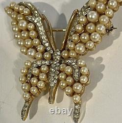 Crown Trifari Alfred Philippe Pave' Crystals Faux Pearls Butterfly Brooch