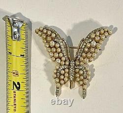 Crown Trifari Alfred Philippe Pave' Crystals Faux Pearls Butterfly Brooch
