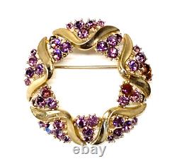 Crown Trifari Alfred Philippe Purple Rhinestone Gold Tone Round Brooch