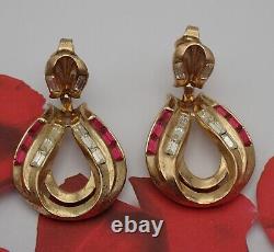 Crown Trifari Alfred Philippe Red Clear Baguette Dangle Hoop Gold Tone Earrings