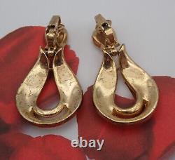 Crown Trifari Alfred Philippe Red Clear Baguette Dangle Hoop Gold Tone Earrings