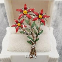 Crown Trifari Alfred Philippe Red Enamel Star Flower Pin Brooch Fur Dress Clip