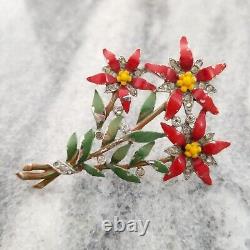 Crown Trifari Alfred Philippe Red Enamel Star Flower Pin Brooch Fur Dress Clip