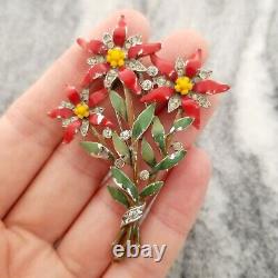Crown Trifari Alfred Philippe Red Enamel Star Flower Pin Brooch Fur Dress Clip