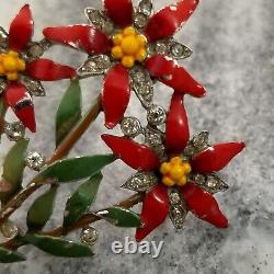 Crown Trifari Alfred Philippe Red Enamel Star Flower Pin Brooch Fur Dress Clip