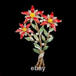 Crown Trifari Alfred Philippe Red Enamel Star Flower Pin Brooch Fur Dress Clip