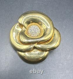 Crown Trifari Alfred Philippe Rhinestone Gold Plated Rose Flower Pin Brooch J13