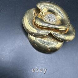Crown Trifari Alfred Philippe Rhinestone Gold Plated Rose Flower Pin Brooch J13