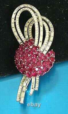 Crown Trifari Alfred Philippe Rhodium Plated Ruby Red & Clear Baguettes Brooch