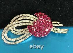 Crown Trifari Alfred Philippe Rhodium Plated Ruby Red & Clear Baguettes Brooch