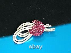 Crown Trifari Alfred Philippe Rhodium Plated Ruby Red & Clear Baguettes Brooch