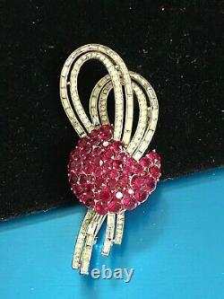 Crown Trifari Alfred Philippe Rhodium Plated Ruby Red & Clear Baguettes Brooch