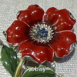 Crown Trifari Alfred Philippe Rue de la Paix Red Poppy Enamel Brooch 3 #8