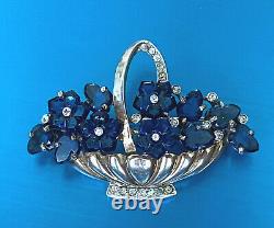 Crown Trifari Alfred Philippe Sterling Crystals Sapphire Flower Basket Brooch