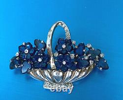 Crown Trifari Alfred Philippe Sterling Crystals Sapphire Flower Basket Brooch