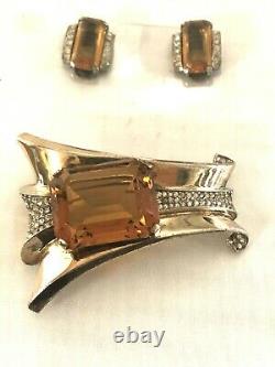 Crown Trifari Alfred Philippe Sterling Silver Amber Rhinestone Brooch & Earrings
