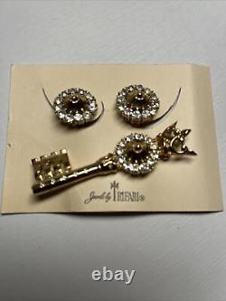 Crown Trifari Alfred Philippe Sterling Silver Crowned Key Brooch Earrings Set
