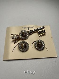 Crown Trifari Alfred Philippe Sterling Silver Crowned Key Brooch Earrings Set