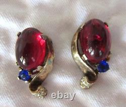 Crown Trifari Alfred Philippe Sterling Silver Red Cabochon Clip On Earrings