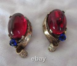 Crown Trifari Alfred Philippe Sterling Silver Red Cabochon Clip On Earrings