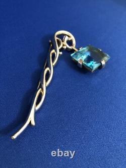 Crown Trifari Alfred Philippe Sterling Vermeil Aqua Crystal Dangle Brooch Pin