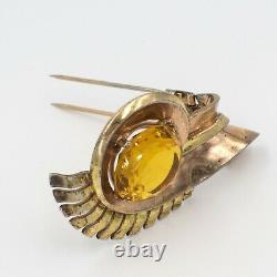 Crown Trifari Alfred Philippe Sterling Vermeil Topaz color Glass fur clip